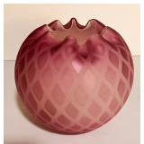 63 Victorian Pink Satin Glass Rose Bowl w/ Diamond Quilted Pattern