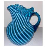 71 Fenton Blue Opalescent Swirl Water Pitcher w/ Ruffled Rim