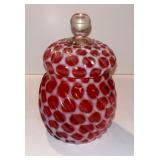 132 Fenton Cranberry Opalescent Coin Dot Glass Biscuit Jar w/ Clear Knob & Lid
