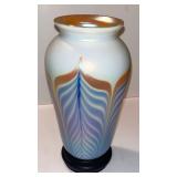 145 Iridescent Vase w/ Pulled Feathered Design (Lg.) & Wooden Stand (Mindscape Studio)