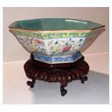 147 Chinese Tongzhi Famille Rose Porcelain Hexagon Footed Bowl w/ Wooden Stand (1862-1874)
