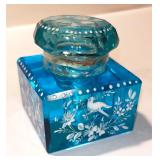 184 Peacock Blue Glass Inkwell Enamel Bird/Floral (Mary Gregory Style)