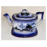 266 Flow Blue Porcelain Teapot w/ Lid & Underplate
