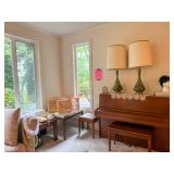 Upright piano with bench vintage lamps and record albums at a Bellevue Estate Sale.