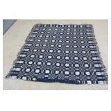 1005	ANTIQUE HAND WOVEN COVERLET, BLUE & WHITE, SOME WEAR, APPROXIMATELY 77 IN X 89 IN