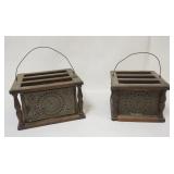 1014	PRIMITIVE PUNCHED TIN FOOT WARMERS, LARGEST APPROXIMATELY 10 IN X 10 IN X 6 IN