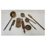 1016	GROUP OF ASSORTED PRIMITIVE KITCHEN ITEMS INCLUDING BRASS FACE SCALE, LADLES, MEAT CLEAVER, WOO
