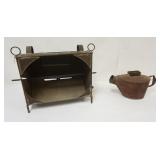 1024	PRIMITIVE FIREPLACE ROTISSERIE & TIN COFFEE GRINDER CATCH, LARGEST PIECE APPROXIMATELY 20 IN X 