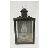 1027	ANTIQUE KEROSENE LAMP IN TIN HANGING CASE W/GLASS DOOR & SIDES, APPROXIMATELY 11 IN X 9 IN X 22