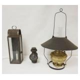 1029	GROUP OF LIGHTING INCLUDING CARRIAGE LANTERN, TIN HANGING LAMP & BRASS FONT HANGING STORE LANTE