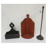 1032	HANGING WOOD CANDLE BOX & HANGING WOOD LANTERN SHELF, IRON STAND, TALLEST PIECE APPROXIMATELY 2