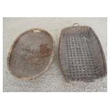 1034	2 LARGE SPLINT WOOD WOVEN BASKETS, LARGEST APPROXIMATELY 40 IN X 25 IN X 7 IN HIGH
