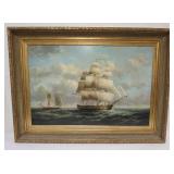 1064	OIL ON CANVAS IMAGE OF SAILING SHIPS AT SEA, ARTIST SIGNED LOWER RIGHT E PONTHIER, APPROXIMATELY 45 IN X 33 IN OVERALL