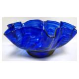 1066	BURCHETTA HOT GLASS COBALT SWIRL RUFFLED EDGE CENTER BOWL, APPROXIMATELY 16 IN X 7 IN H