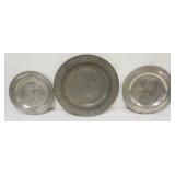 1102	LARGE PEWTER CHARGERS AND 20 1/2 SHALLOW BOWL