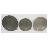 1108	LARGE PEWTER CHARGERS,  LARGEST APPROXIMATELY 18 1/2 IN