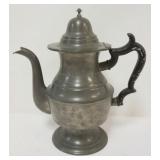 1111	EARLY AMERICAN PEWTER TEA POT, RUFAS DUNHAM WEST BROOK ME, CA 184, APPROXIMATELY 11 IN H