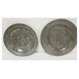 1120	LARGE PEWTER CHARGERS AND BOWL, LARGEST APPROXIMATELY 20 IN