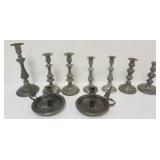 1124	LARGE GROUP OF PEWTER CANDLESTICKS, INCLUDING PUSH UPS, TALLEST APPROXIMATELY 11 IN H