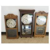 1150	GROUP OF 3 CALENDAR & REGULATOR CLOCKS WITH LOSS TO CASES, TALLEST APPROXIMATELY 39 IN H