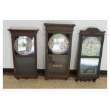 1151	GROUP OF 3 CALENDAR & REGULATOR CLOCKS WITH LOSS TO CASES, TALLEST APPROXIMATELY 39 IN H