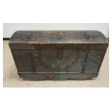 1166	ANTIQUE PAINT DECORATED DOVETAILED DOME TOP CHEST ON WOOD WHEELS, DATED 1855, APPROXIMATELY 24 