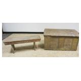 1195	PAINT DECORATED FEED BIN AND PRIMITIVE BENCH, FEED BIN HAS LOSS, LARGEST PIECE APPROXIMATELY 44