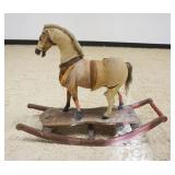 1196	ANTIQUE SAW DUST FILLED CHILDS ROCKING HORSE WITH GLASS EYES, LOSS TO OUTER FABRIC AND MISSING 