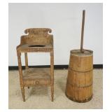 1197	BUTTER CHURN AND 1 DRAWER WASH STAND, LARGEST PIECE APPROXIMATELY 17 1/2 IN X 14 IN X 38 IN H