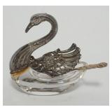 1013	STERLING SILVER & CRYSTAL SWAN SALT W/STERLING SPOON, APPROXIMATELY 3 IN HIGH																		