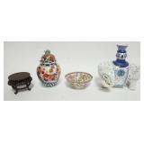 1039	GROUP OF ASIAN POTTERY & STAND INCLUDING GINGER JAR, ELEPHANT CANDLESTICK, EGG SHELL BOWL, SMAL