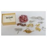 1047	9 LADIES DESIGNER PINS, 1 WITH MATCHING EARRINGS, SOME MARKED BY MAKER																									
