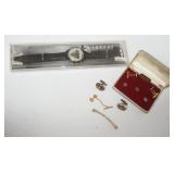 1051	MEN DREMENTS CUFFLINK SET, MEXICO STERLING SILVER CUFFLINKS .43 OZT, SWATCH CHRONO WATCH AND TI