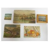 1124	GROUP OF MINIATURE PAINTINGS ON BOARD, LARGEST APPROXIMATELY 7 IN X 5 IN 																						