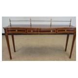1195	KARGES HEPPLEWHITE STYLE FINE INLAY & BANDED 3 DRAWER CONSOLE TABLE W/BRASS GALLERY TOP, VERY C