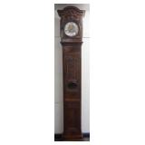 1197	CONTINENTAL OAK TALL CASE CLOCK W/BRASS & ENAMEL FACE & FLORAL & FRUIT CARVING, APPROXIMATELY 1