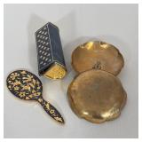 (4pc) GUILDCRAFT HAND WROUGHT BRASS TRAYS, ITALIAN LEATHER LIPSTICK CASE, AND ENAMELED HAND MIRROR