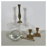 (4pc) INDIAN & OTHER BRASS CANDLESTICKS & MAGNIFYING GLASS