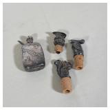(4pc) STERLING SILVER NEOCLASSICAL STYLE FLASK AND THREE SILVER PLATED BOTTLE STOPPERS