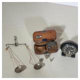 (3pc) WESTCLOX BABY BEN ALARM CLOCK AND PORTABLE WOOD-CASED BALANCE SCALE SET