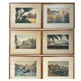 (6pc) Set Of Vintage Colored Etching/Watercolor Prints