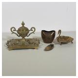 (4pc) VICTORIAN BRASS INKWELL STAND AND THREE BRASS MINIATURES