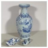 (3pc) CHINESE STYLE BLUE AND WHITE CERAMIC BALUSTER VASE AND TWO DELFTS BLAUW CLOGS