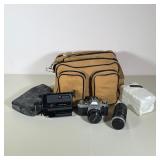 (4pc) CANON AE-1 35MM SLR AND CANON 310XL SUPER 8 CAMERA WITH LENSES AND VIVITAR FLASH