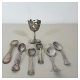 (7pc) ASSORTED STERLING AND SILVER PLATED SPOONS WITH PIERCED EGG CUP