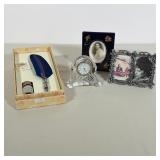(4pc) WATERFORD CRYSTAL CLOCK, BORTOLETTI PEN SET, AND LIMOGES FRAME