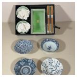 JAPANESE KAFUH CERAMIC SUSHI SET AND BLUE AND WHITE PORCELAIN BOWLS