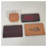 (4pc) LOT OF FOUR VINTAGE ASSORTED LEATHER WALLETS AND JEWELRY CADDY