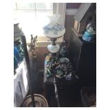 Butter churn, parlor lamp