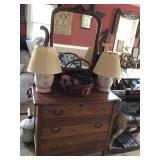 Antique oak dresser, stoneware lamps